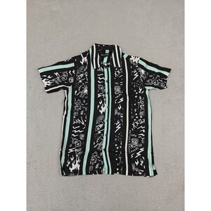 Reason Shirt Mens Medium Black Mint Vertical‎ Stripe Button Up Short Sleeve Camp